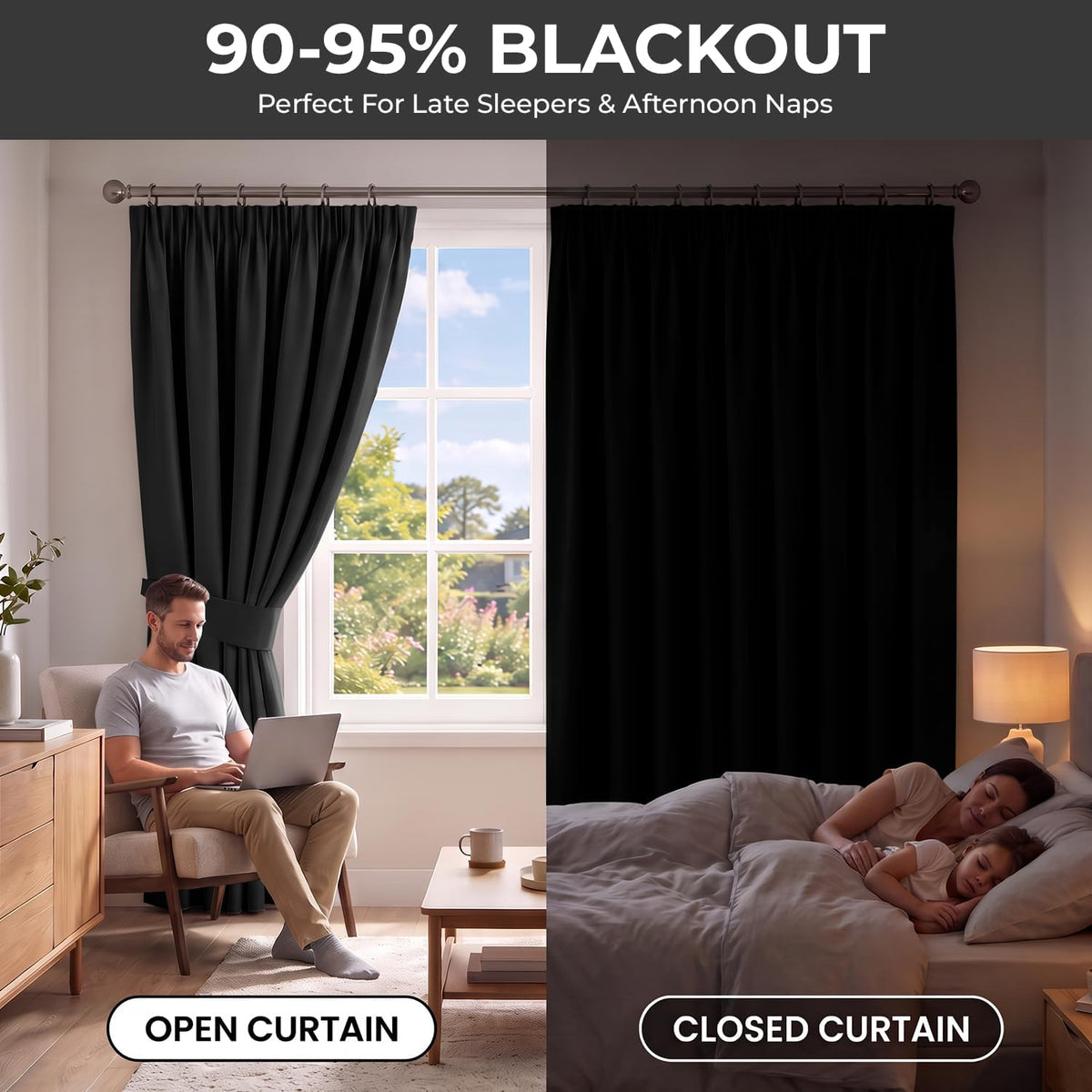 Pencil Pleat Blackout Curtains, Black W66” X L84” 2 Panels