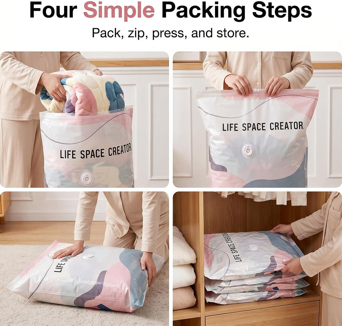 No Pump Vacuum Storage Bags for Clothes & Bedding, 5 Pack L-100X80X38Cm