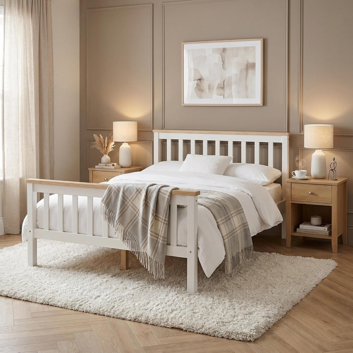 4FT6 Double Bed Frame Pine Wood Bed with Slats Bed for Kids (White+Wood, Double)