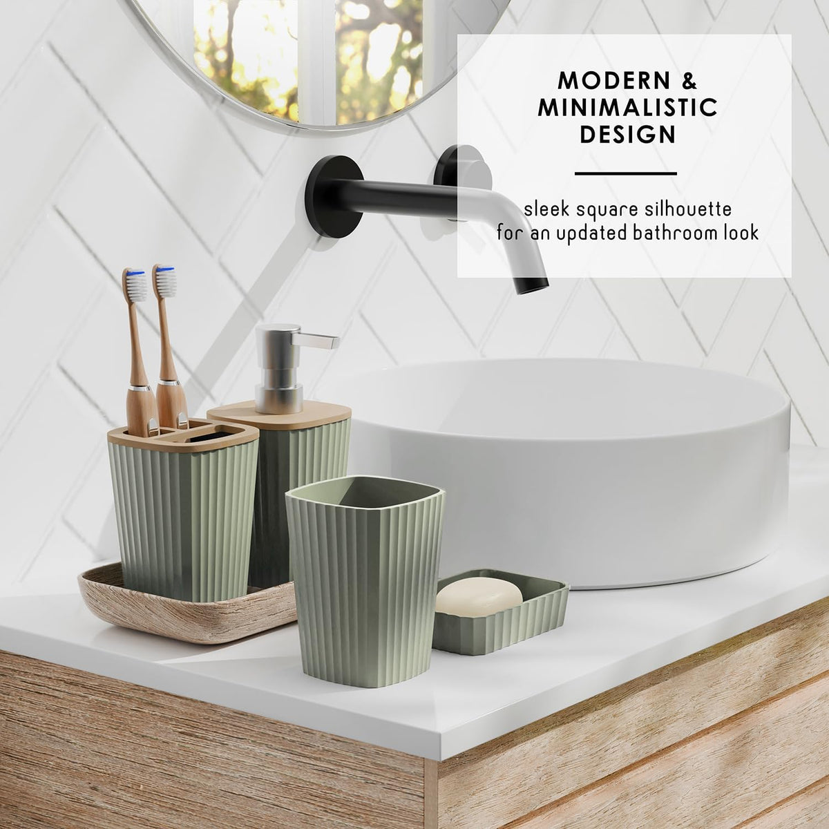 Bathroom Accessories Set - Bathroom Accessory Set with Shower Curtain Set, Toilet Brush, Trash Can & Soap Dispenser & Rugs (Sage Green, Complete Set + Bath Rugs)
