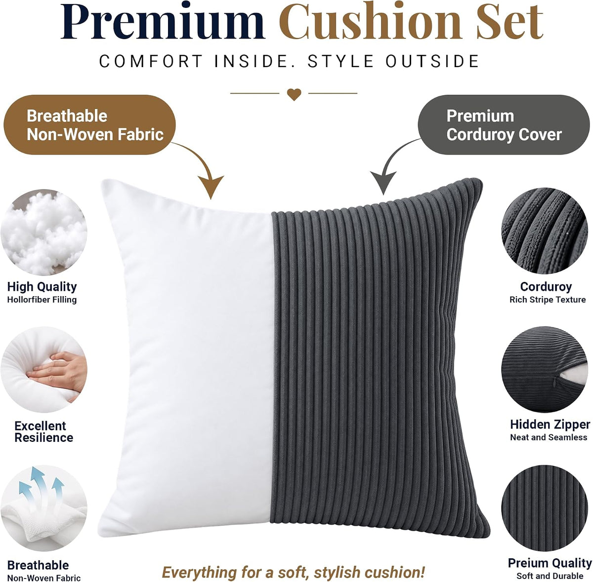 Grey Cushions with Covers Included 45 X 45 Cm Pack of 4 (4-Cushion Covers, 4-Inserts) with Invisible Zipper Pattern Cushion for Home Décor, Bedroom & Sofa (18X18 Inchs)