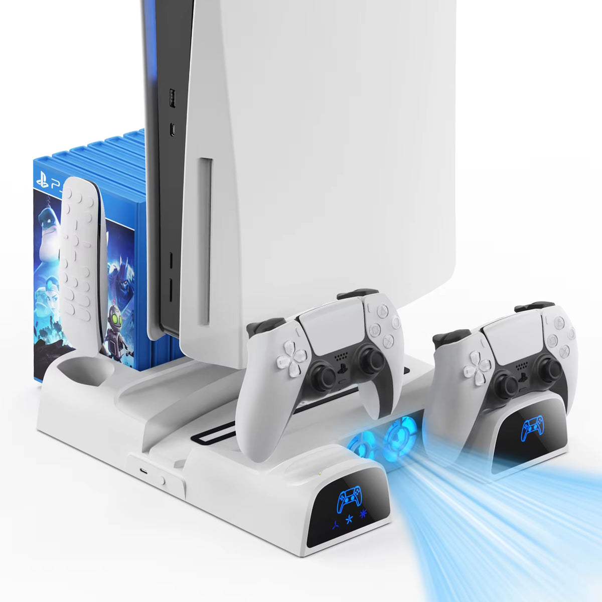 For PS5/PS5 Slim/Ps5 Pro Stand with Headphone Hook Cooling Stand & Controller Charging Station for PS5 with 3 Levels Cooling Fan