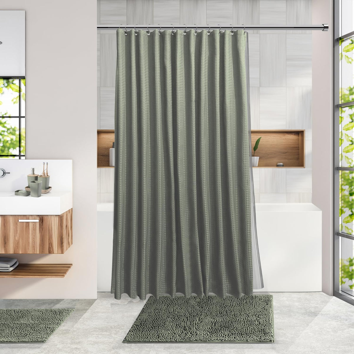 Bathroom Accessories Set - Bathroom Accessory Set with Shower Curtain Set, Toilet Brush, Trash Can & Soap Dispenser & Rugs (Sage Green, Complete Set + Bath Rugs)