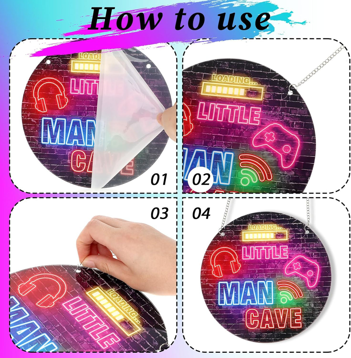 Neon Little Man Cave Sign Gaming Wooden Door Sign Video Game Hanging Wall Art Decor Christmas Birthday Gift for Son Kid for Bedroom Playroom Living Boy Room Decorations