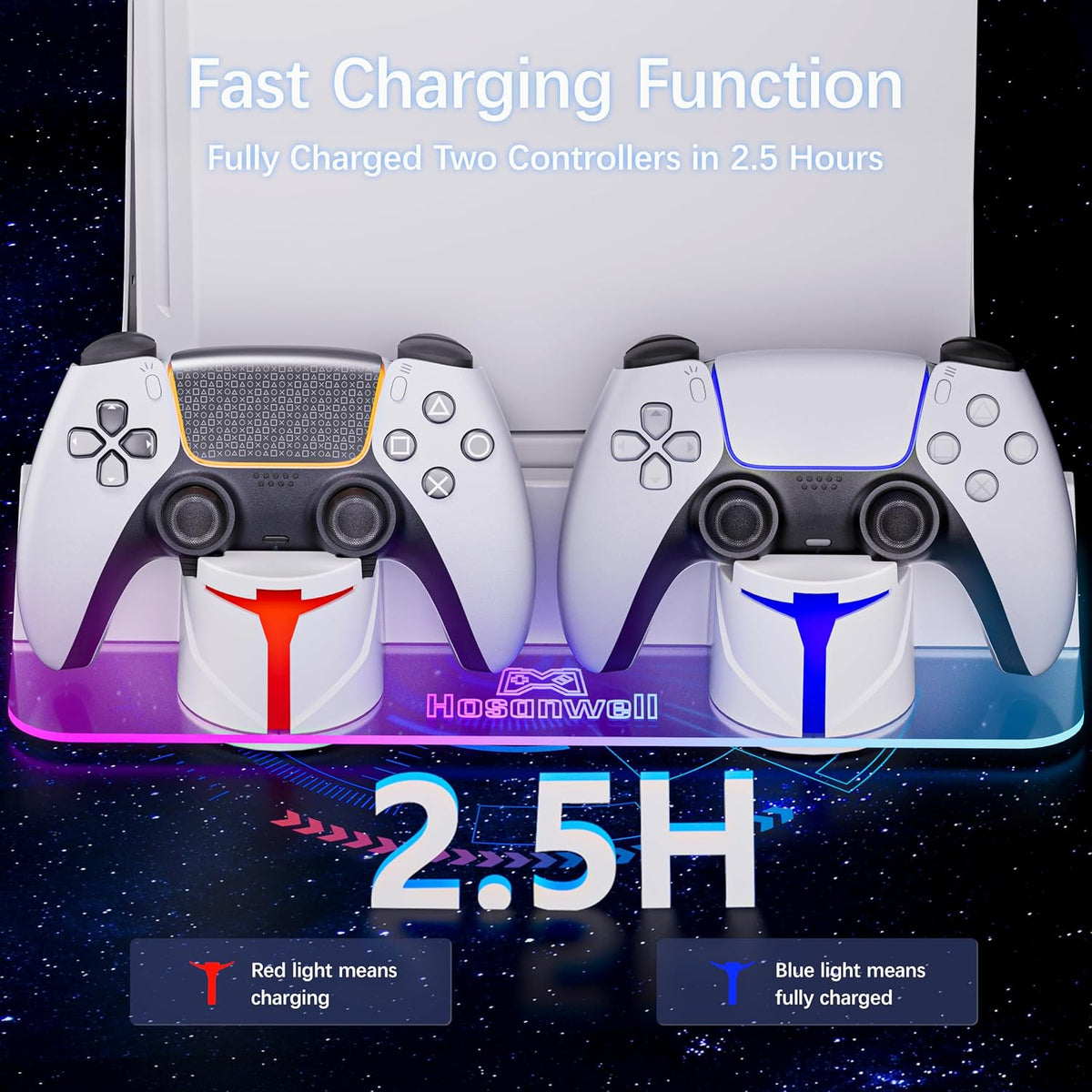 PS5 Wall Mount for PS5/PS5 Pro/Ps5 Slim Kit with Charging Station, Compatible with Disc & Digital Version, Dual Use Charging Station with Multi-Mode RGB Light, White