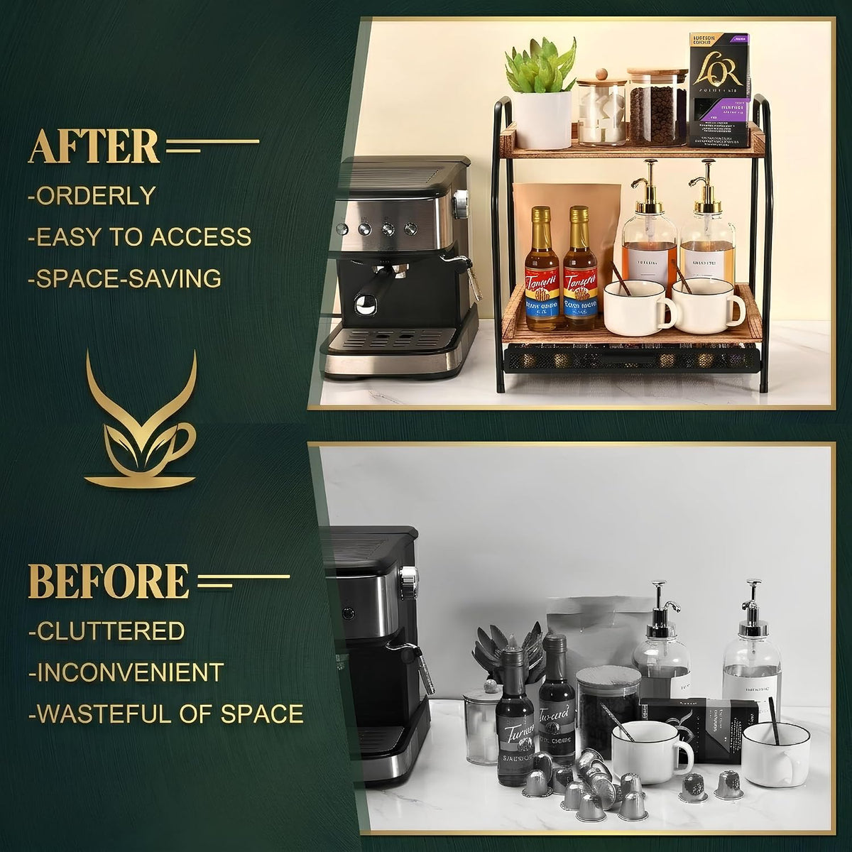 Coffee Station Organizer and Coffee Pod Holder Kitchen Countertop Organizer