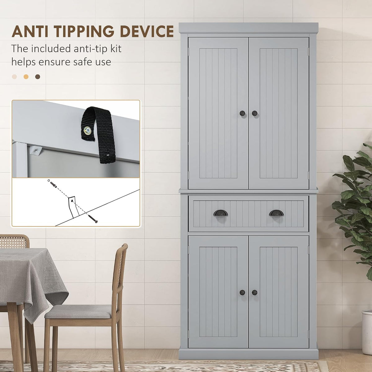 183Cm Tall Kitchen Cupboard with Drawer, 4 Doors, Grey