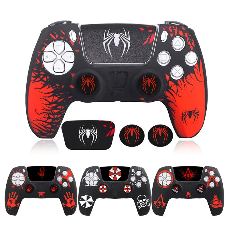 Spider Theme Soft Silicone Protective Case for PS5 Game Controller Cover Skin Gamepad Touchpad Stickers Thumb Stick Grip Cap Kit