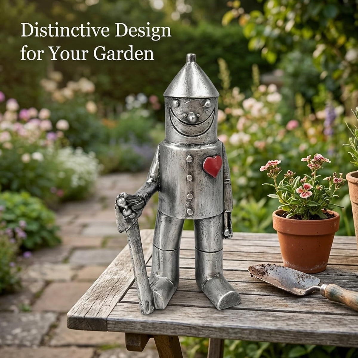 Tin Man Garden Ornament, Heart Soldier Statue for 10 Year Wedding, Metal Garden Sculpture for Outdoor Decor, Rustic Patio Focal Point, Collectible Garden Art Piece