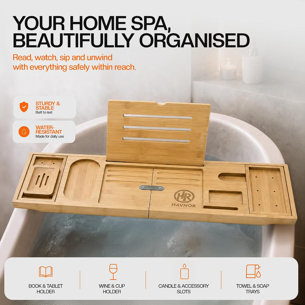 Bath Caddy Tray - Bamboo Bathtub Tray Expandable 28.5 to 41.5 Inches - Bath Trays for across the Bath, Wooden over Bath Shelf, Adjustable Bath Board Rack with Book, Tablet and Wine Glass Holder