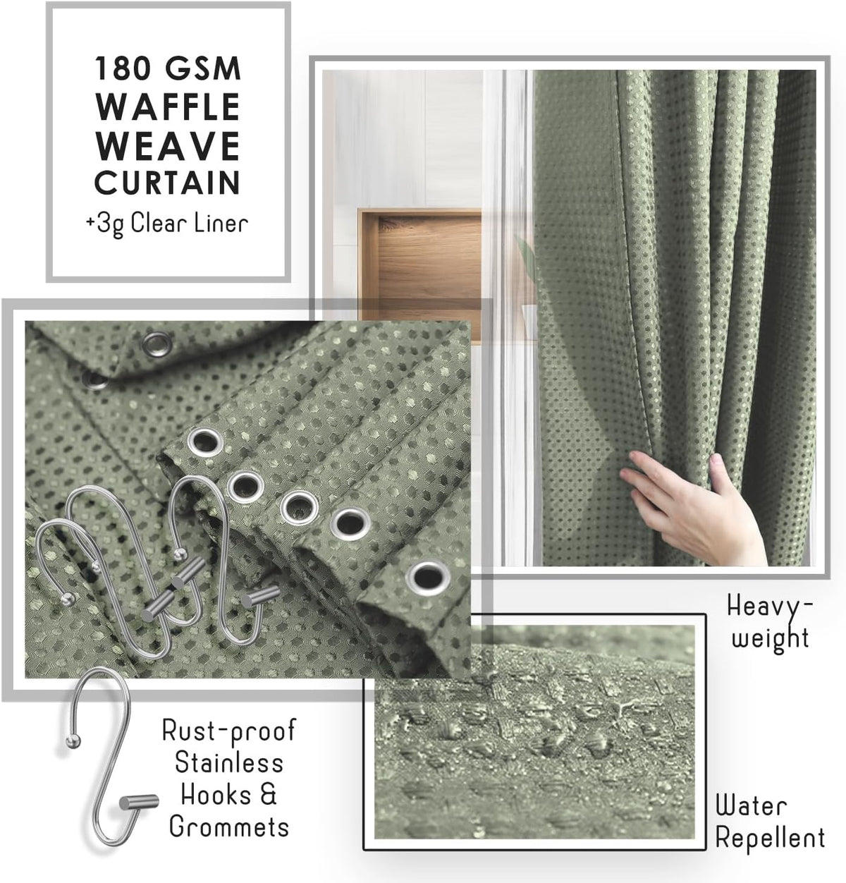 Bathroom Accessories Set - Bathroom Accessory Set with Shower Curtain Set, Toilet Brush, Trash Can & Soap Dispenser & Rugs (Sage Green, Complete Set + Bath Rugs)