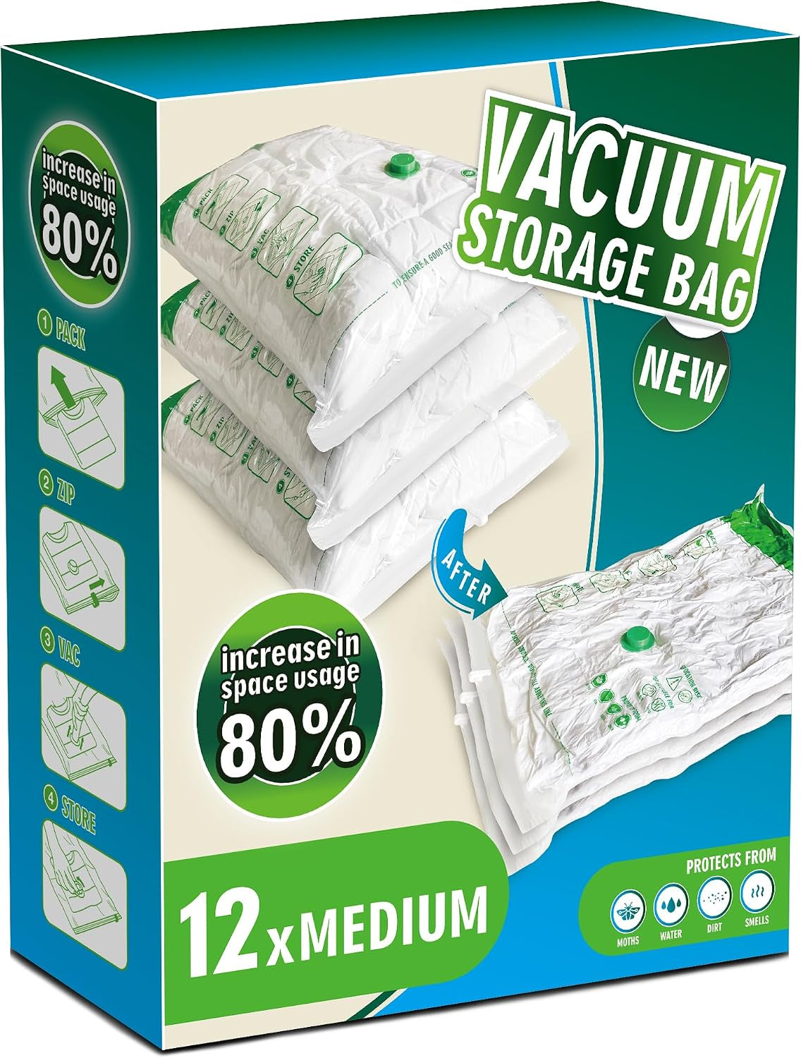 Space Saver Bags for Travel and Home Reusable Vacuum Storage Bags save 80% More Storage Space (12, M)