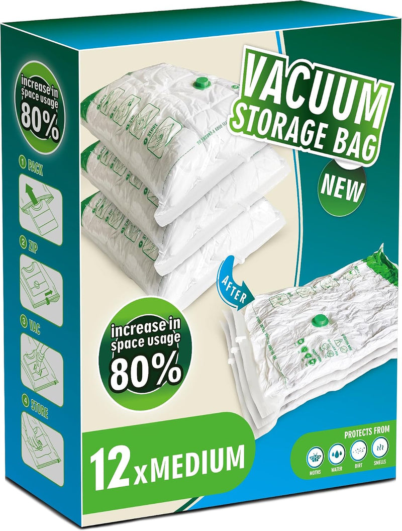 Space Saver Bags for Travel and Home Reusable Vacuum Storage Bags save 80% More Storage Space (12, M)