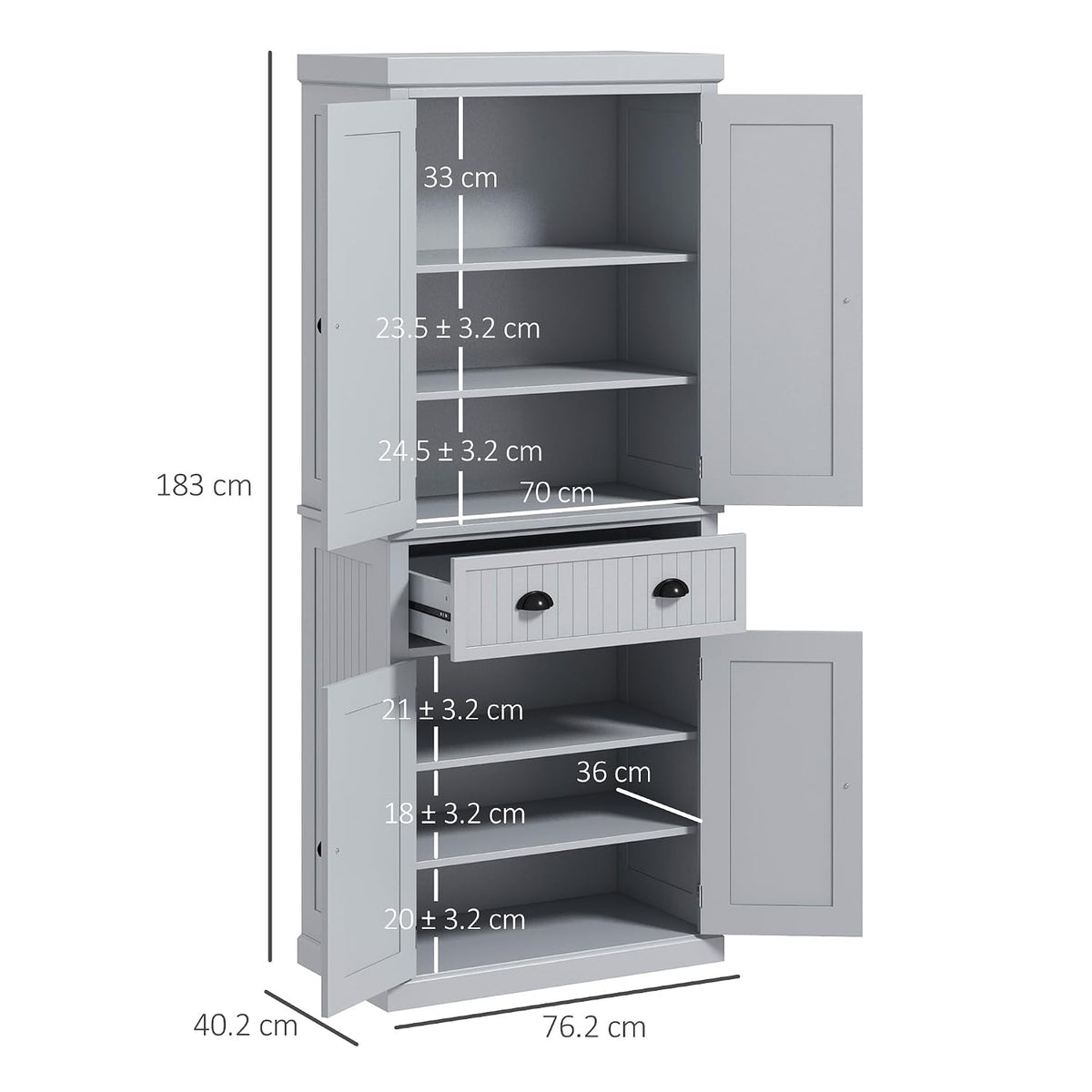 183Cm Tall Kitchen Cupboard with Drawer, 4 Doors, Grey