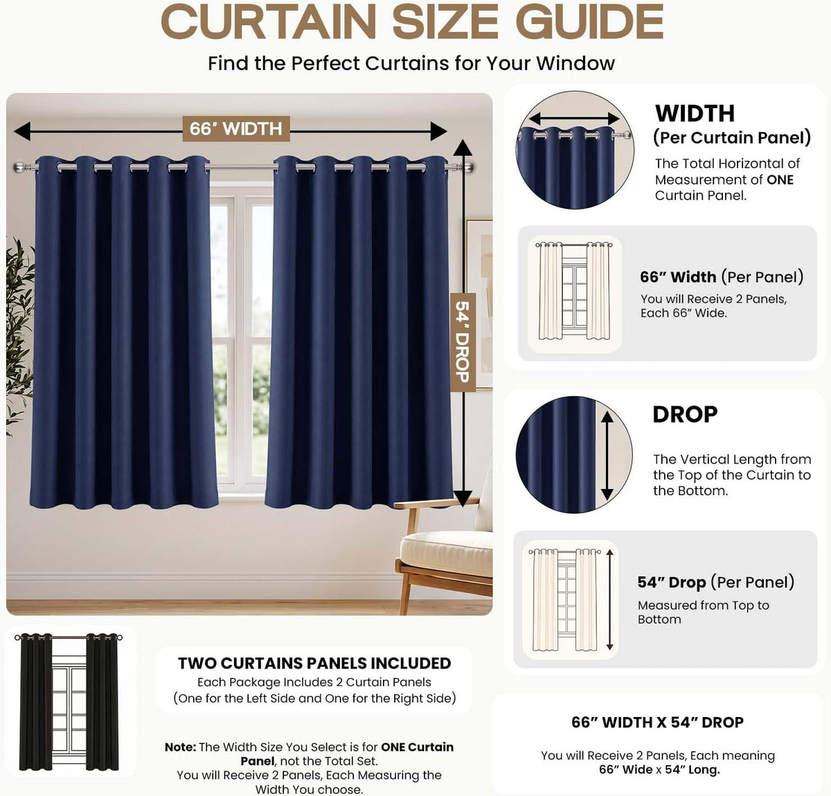 Eyelet Blackout Bedroom Curtains, Navy 66" X 54" 1 Pair
