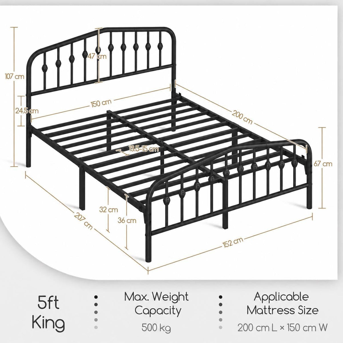 5Ft King Bed Frame Slatted Metal Bed with Crown-Inspired Design Headboard/Spacious Under-Bed Storage Black King Bed