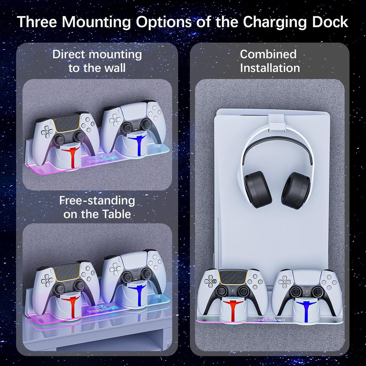 PS5 Wall Mount for PS5/PS5 Pro/Ps5 Slim Kit with Charging Station, Compatible with Disc & Digital Version, Dual Use Charging Station with Multi-Mode RGB Light, White