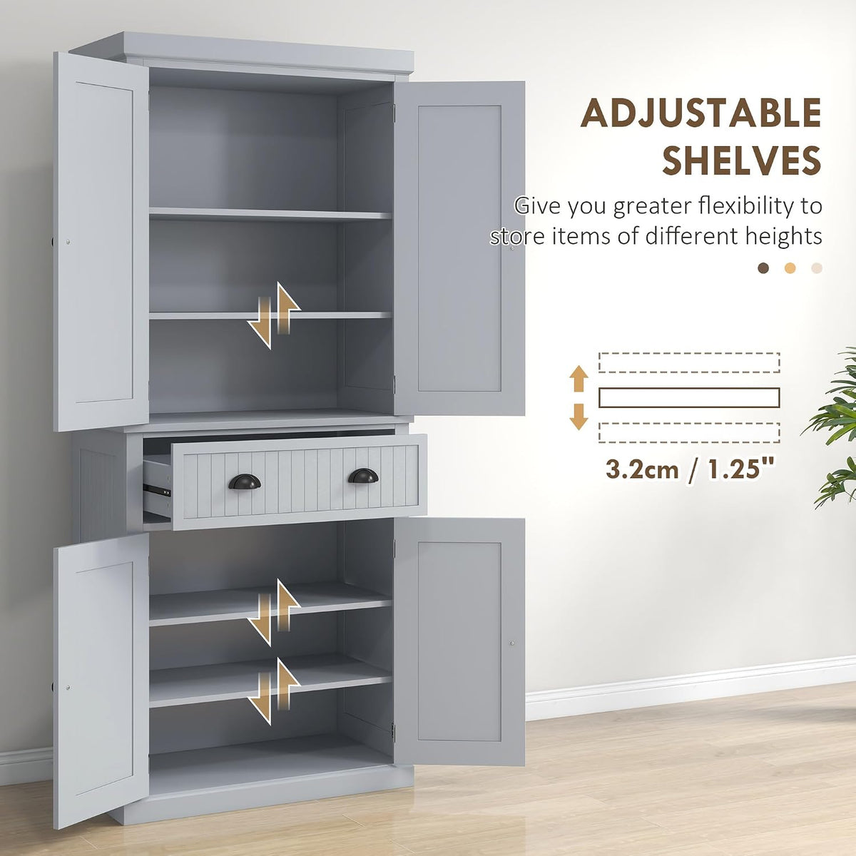 183Cm Tall Kitchen Cupboard with Drawer, 4 Doors, Grey