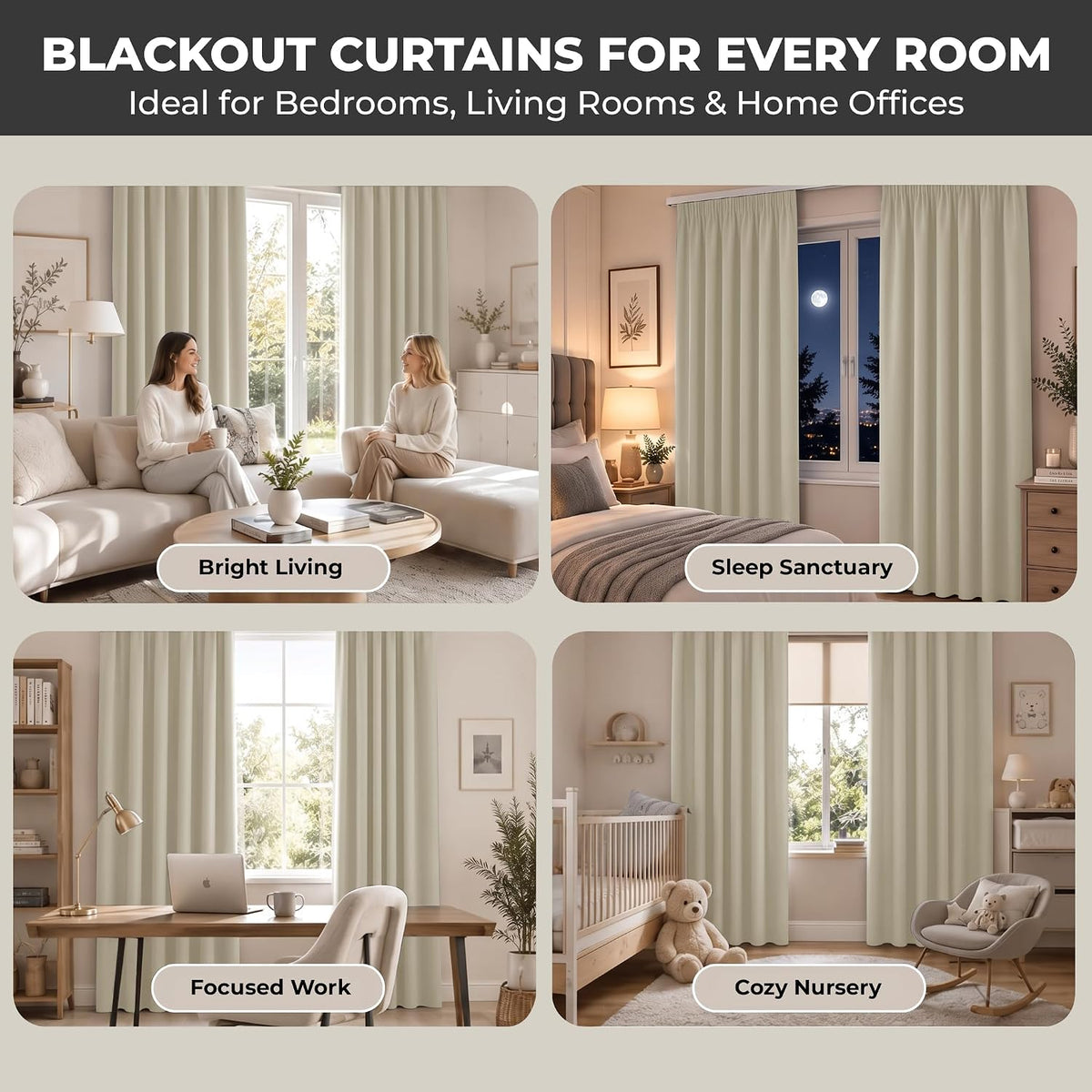 Pencil Pleat Blackout Curtains, Cream W66” X L72” 2 Panels