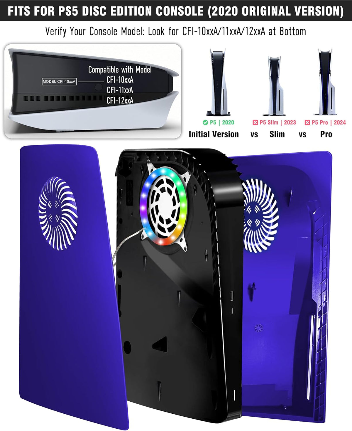 Faceplate for PS5 Disc Edition, Anti-Scratch Dustproof Case Replacement with RGB Ring, Cover Skin Fit for PS5 Console (CD-ROM), Plates for PS5 Accessories, Purple（Standard Version）