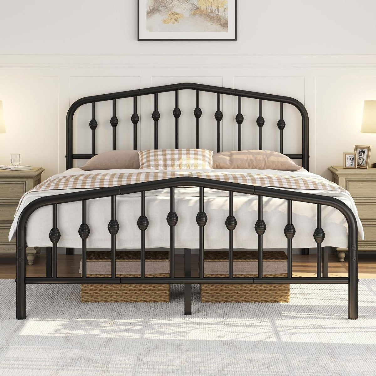 5Ft King Bed Frame Slatted Metal Bed with Crown-Inspired Design Headboard/Spacious Under-Bed Storage Black King Bed