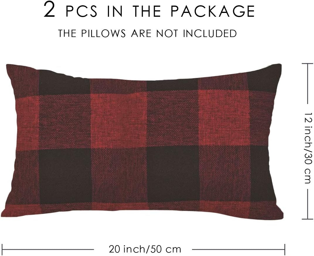 Buffalo Check Cushion Covers 30 X 50 Set of 2 Linen Decorative Rectangular Tartan Throw Lumbar Pillow Case for Sofa Couch Bed Home Decor Car 12X20 Inches (Burgundy & Black)