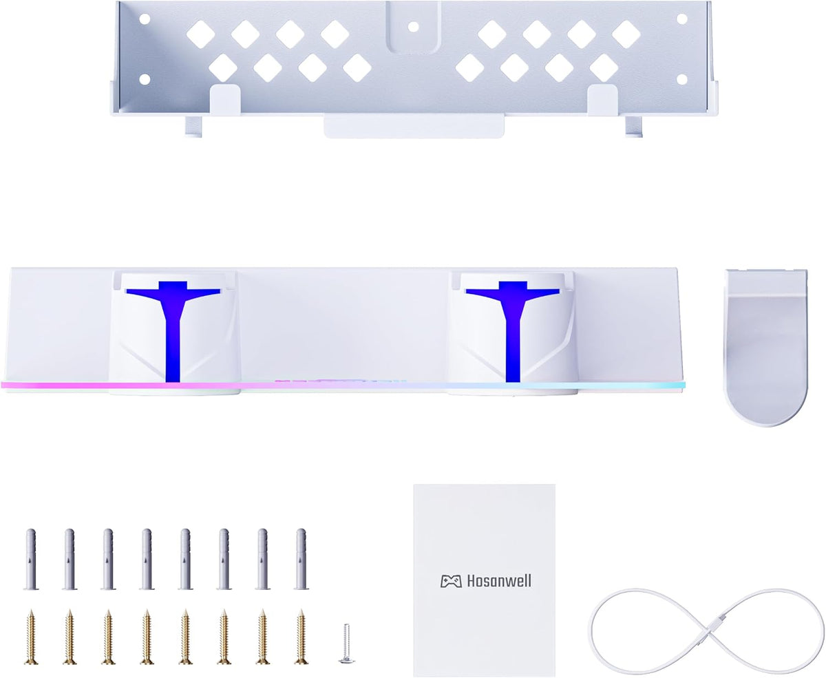 PS5 Wall Mount for PS5/PS5 Pro/Ps5 Slim Kit with Charging Station, Compatible with Disc & Digital Version, Dual Use Charging Station with Multi-Mode RGB Light, White
