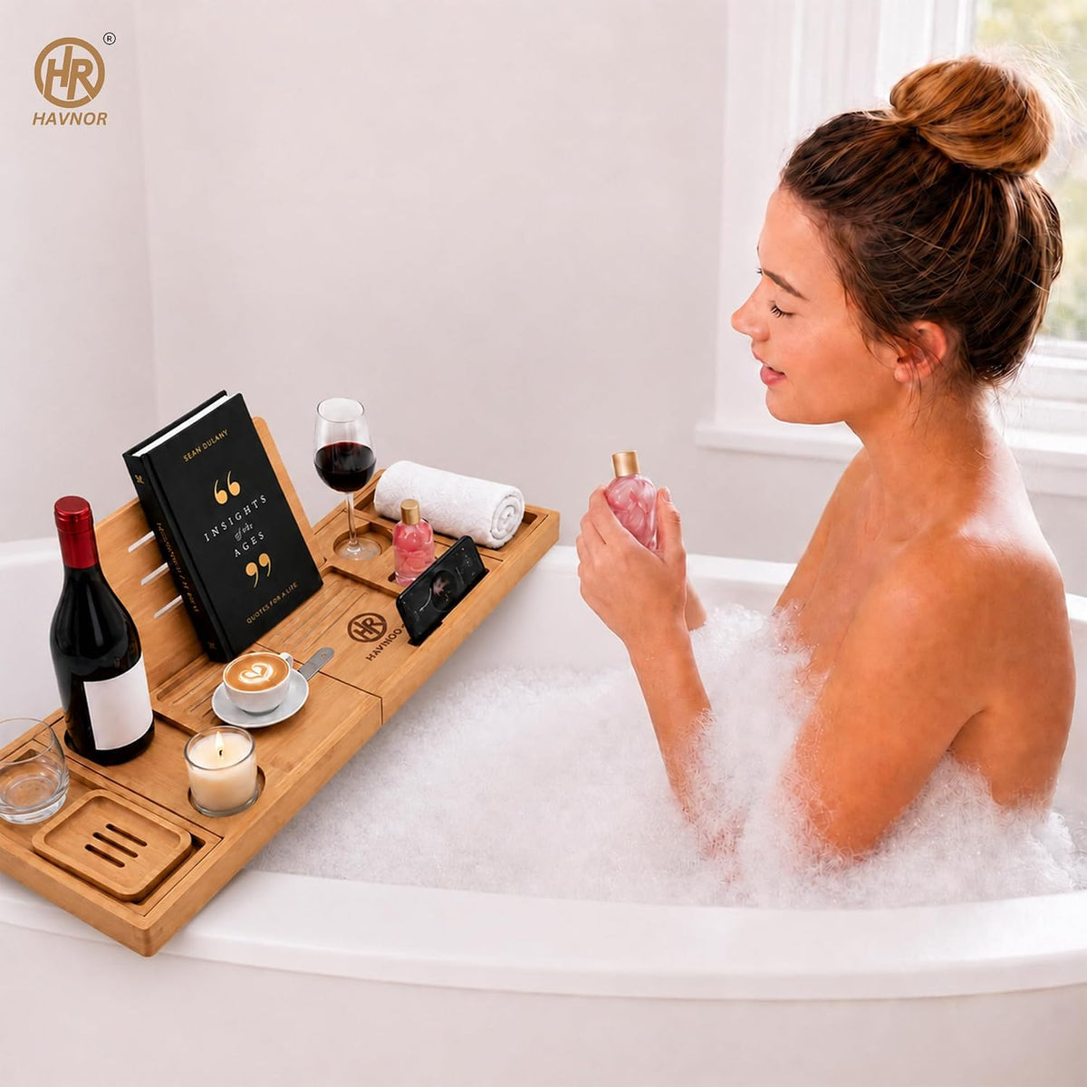 Bath Caddy Tray - Bamboo Bathtub Tray Expandable 28.5 to 41.5 Inches - Bath Trays for across the Bath, Wooden over Bath Shelf, Adjustable Bath Board Rack with Book, Tablet and Wine Glass Holder
