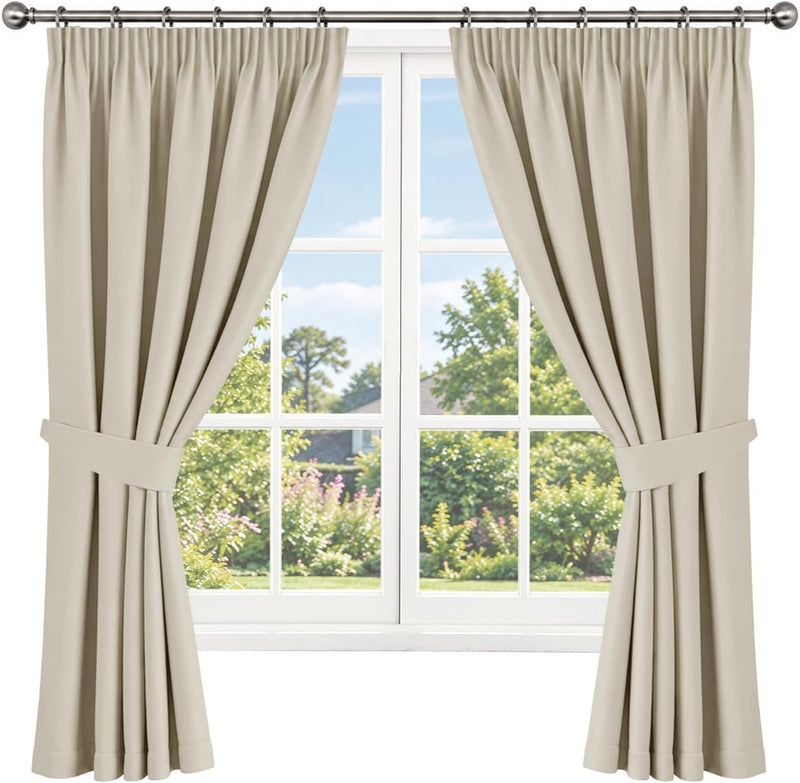 Pencil Pleat Blackout Curtains, Cream W66” X L72” 2 Panels