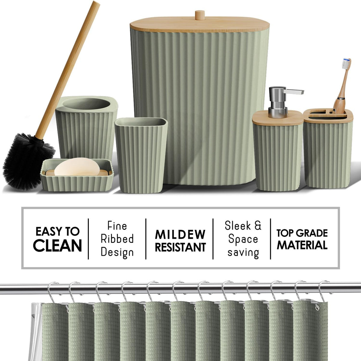 Bathroom Accessories Set - Bathroom Accessory Set with Shower Curtain Set, Toilet Brush, Trash Can & Soap Dispenser & Rugs (Sage Green, Complete Set + Bath Rugs)