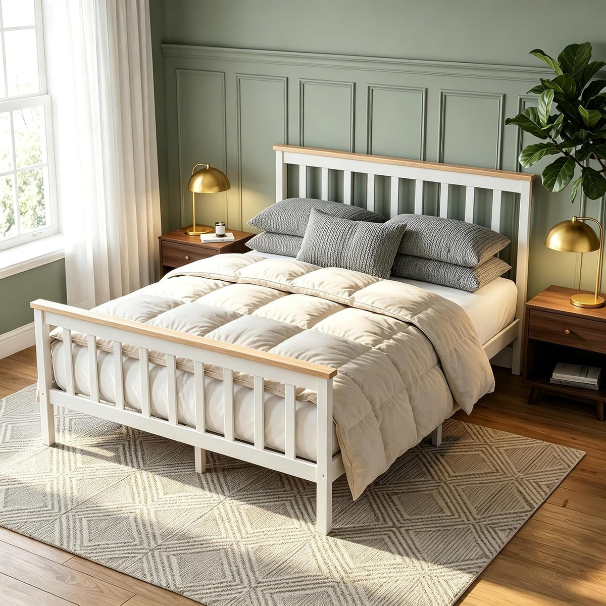 4FT6 Double Bed Frame Pine Wood Bed with Slats Bed for Kids (White+Wood, Double)