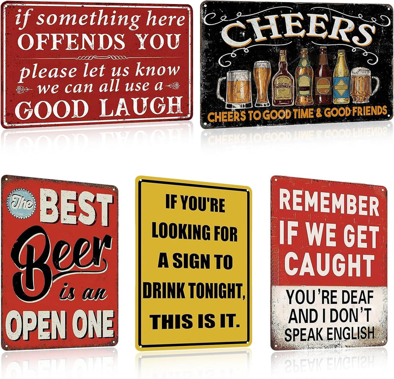 5Pcs Vintage Metal Tin Bar Signs, Retro Bar Metal Wall Decor, Man Cave Accessories, Decorative Signs and Plaques for Home Garden Kitchen Bar Club Decoration, 8×12Inch/20X30Cm