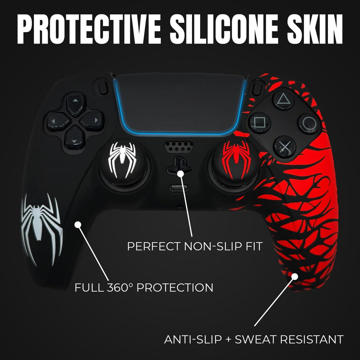 Black and Red Spider Anti-Slip Silicone Cover Skin for PS5 Controller, Soft Rubber Case for PS5 Wireless Controller with 2 Sets Thumb Grips