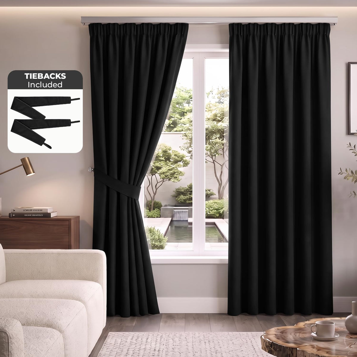 Pencil Pleat Blackout Curtains, Black W66” X L84” 2 Panels