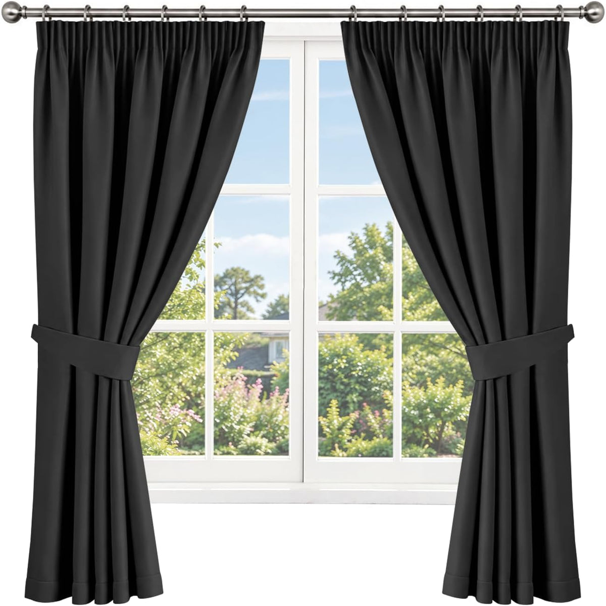 Pencil Pleat Blackout Curtains, Black W66” X L84” 2 Panels