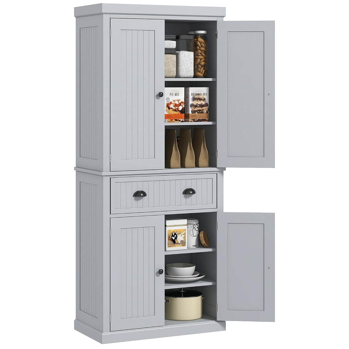 183Cm Tall Kitchen Cupboard with Drawer, 4 Doors, Grey