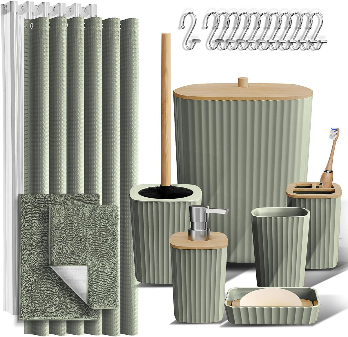 Bathroom Accessories Set - Bathroom Accessory Set with Shower Curtain Set, Toilet Brush, Trash Can & Soap Dispenser & Rugs (Sage Green, Complete Set + Bath Rugs)