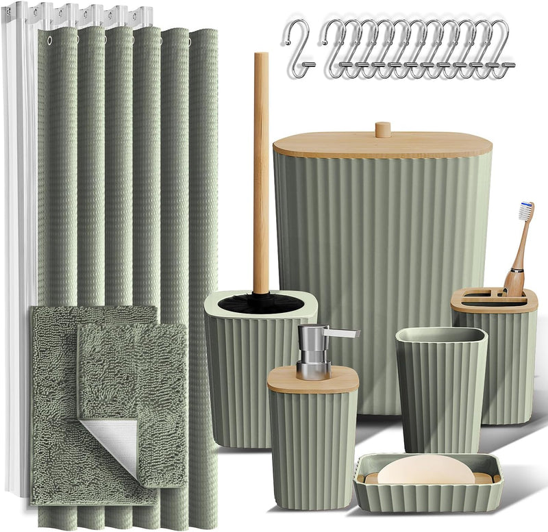 Bathroom Accessories Set - Bathroom Accessory Set with Shower Curtain Set, Toilet Brush, Trash Can & Soap Dispenser & Rugs (Sage Green, Complete Set + Bath Rugs)