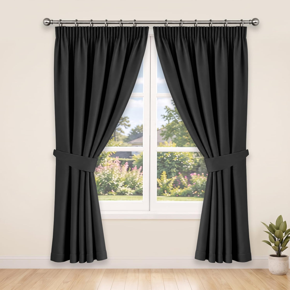 Pencil Pleat Blackout Curtains, Black W66” X L84” 2 Panels