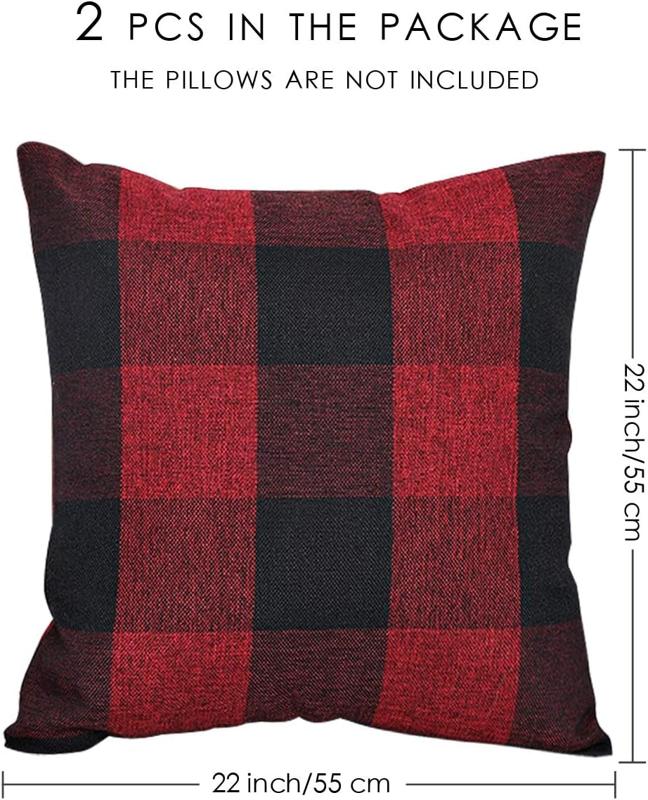 Buffalo Check Cushion Covers 55Cm X 55Cm Set of 2 Linen Decorative Square Tartan Throw Pillow Case for Sofa Couch Bed Home Decor Car 22X22 Inches (Burgundy & Black)