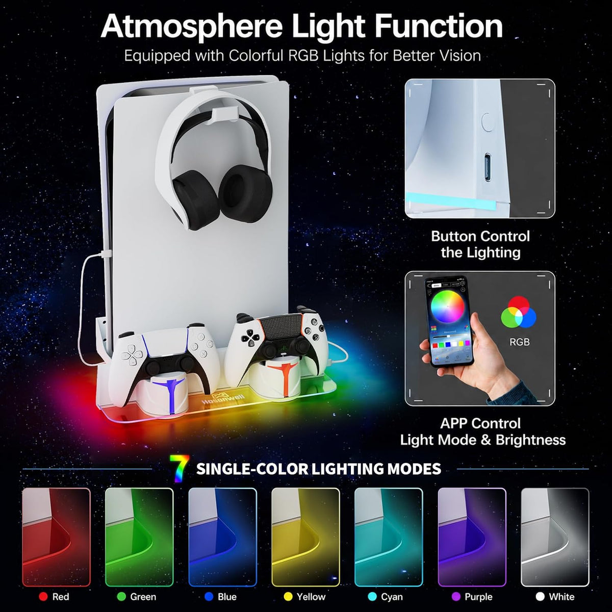 PS5 Wall Mount for PS5/PS5 Pro/Ps5 Slim Kit with Charging Station, Compatible with Disc & Digital Version, Dual Use Charging Station with Multi-Mode RGB Light, White