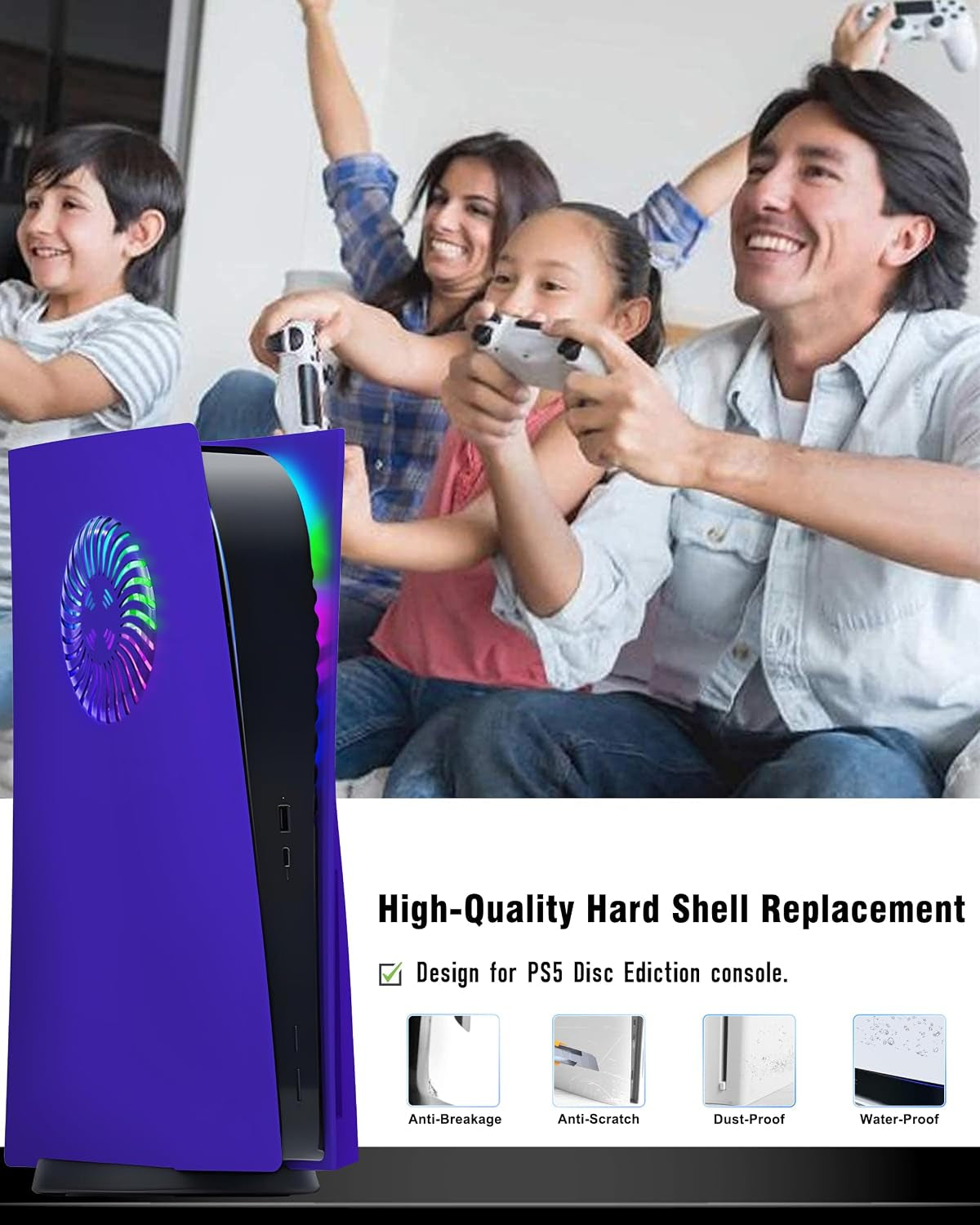 Faceplate for PS5 Disc Edition, Anti-Scratch Dustproof Case Replacement with RGB Ring, Cover Skin Fit for PS5 Console (CD-ROM), Plates for PS5 Accessories, Purple（Standard Version）