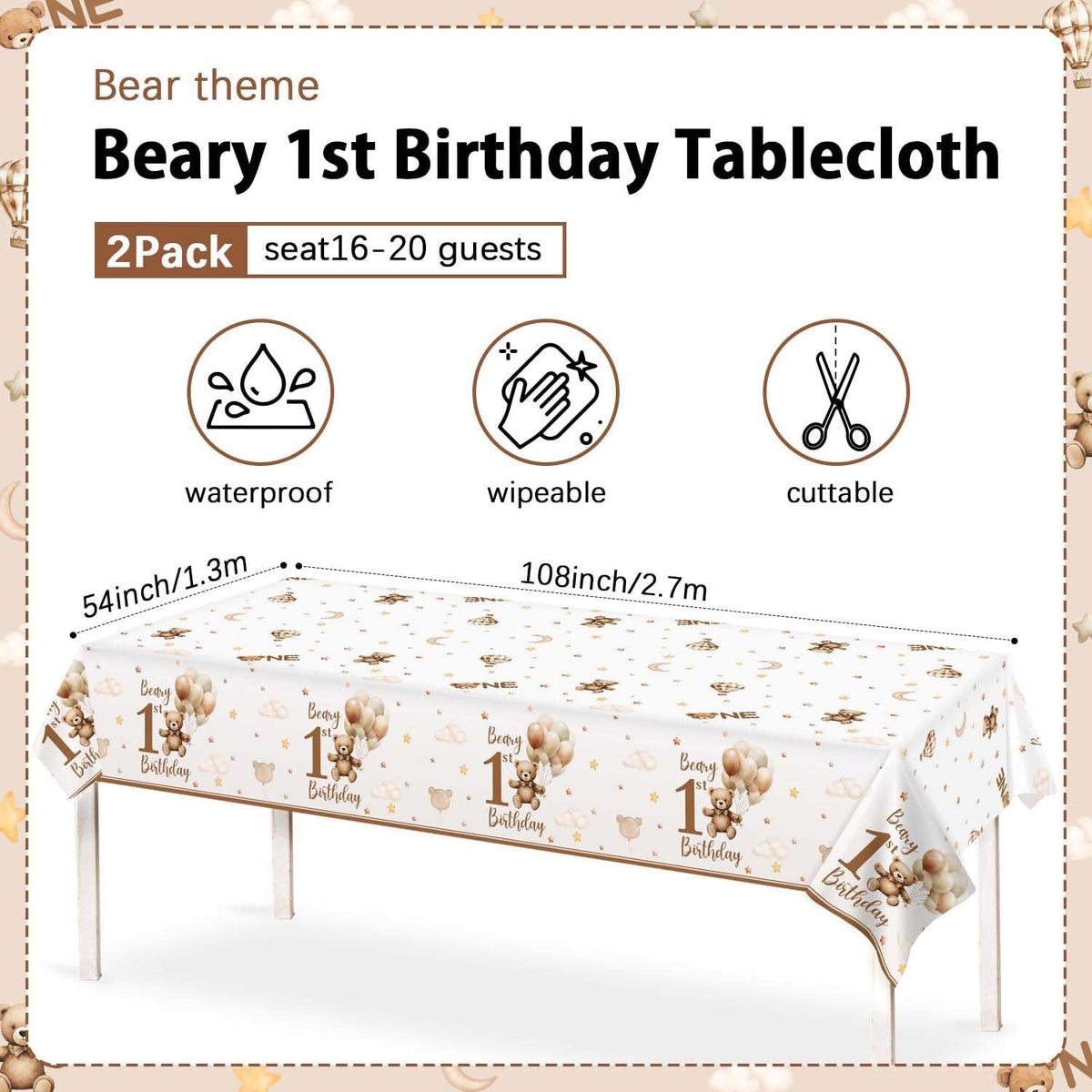Beary First Birthday Table Cloth, 137X274Cm, 2 Pack