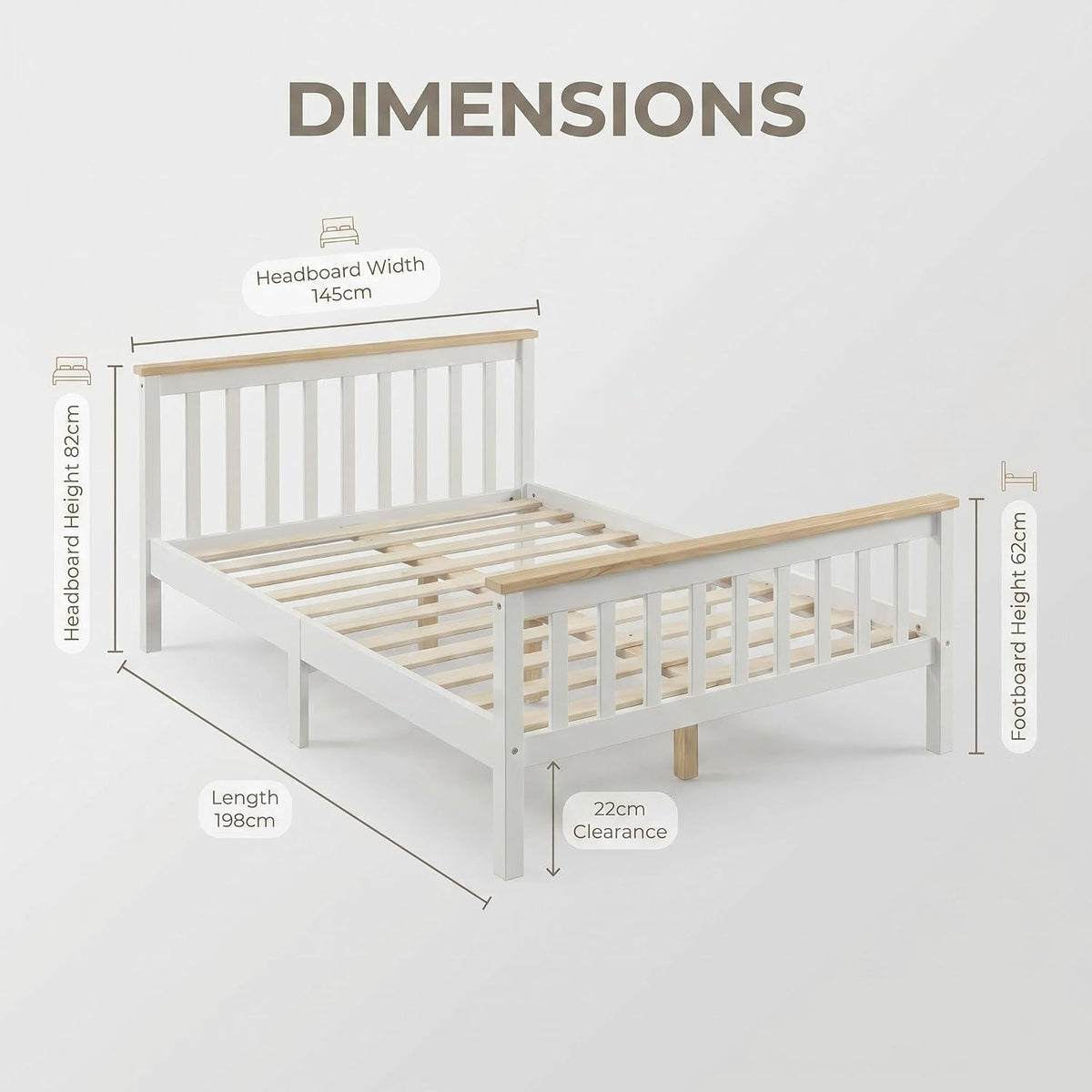 4FT6 Double Bed Frame Pine Wood Bed with Slats Bed for Kids (White+Wood, Double)