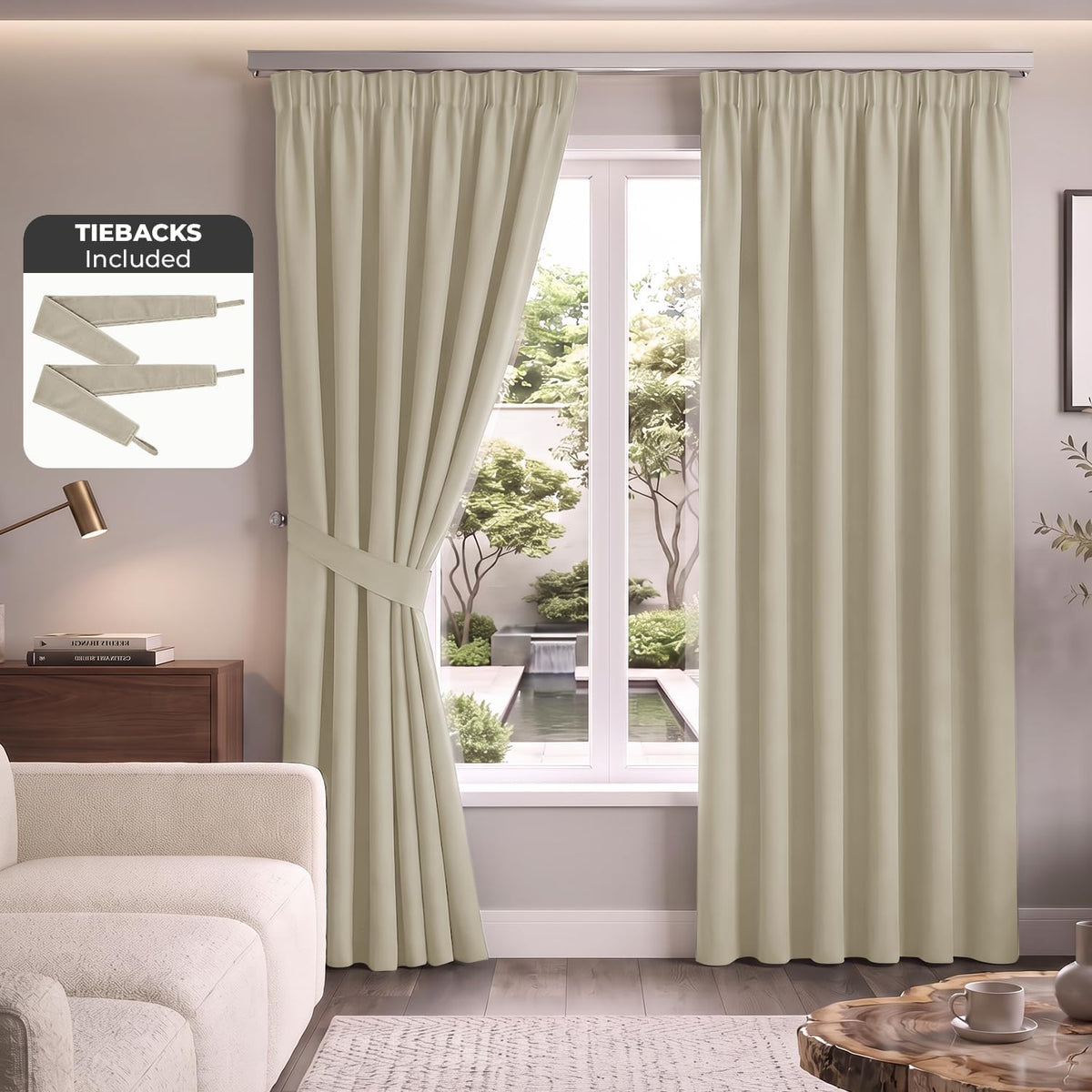Pencil Pleat Blackout Curtains, Cream W66” X L72” 2 Panels