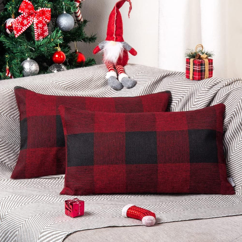 Buffalo Check Cushion Covers 30 X 50 Set of 2 Linen Decorative Rectangular Tartan Throw Lumbar Pillow Case for Sofa Couch Bed Home Decor Car 12X20 Inches (Burgundy & Black)
