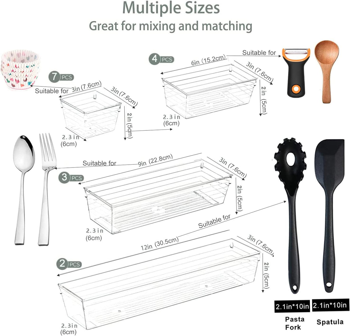 16 Pcs Clear Plastic Drawer Organiser Trays Desk Versatile Kitchen Drawer Organiser Bins Tray for Makeup Bedroom Office