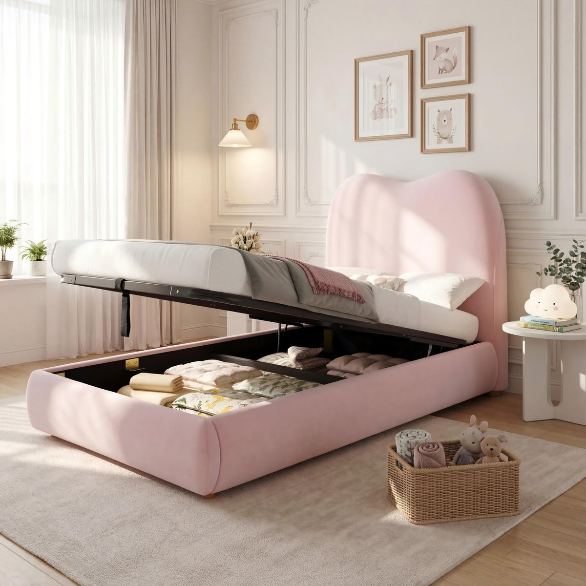 Upholstered Bed, Single Bed, Children'S Bed, 3Ft-90 X 190Cm, Hydraulic Bed, Bed with Headboard and Large Storage Space, Upholstered Headboard, Velvet, Pink