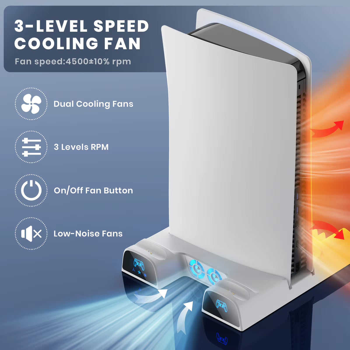 For PS5/PS5 Slim/Ps5 Pro Stand with Headphone Hook Cooling Stand & Controller Charging Station for PS5 with 3 Levels Cooling Fan