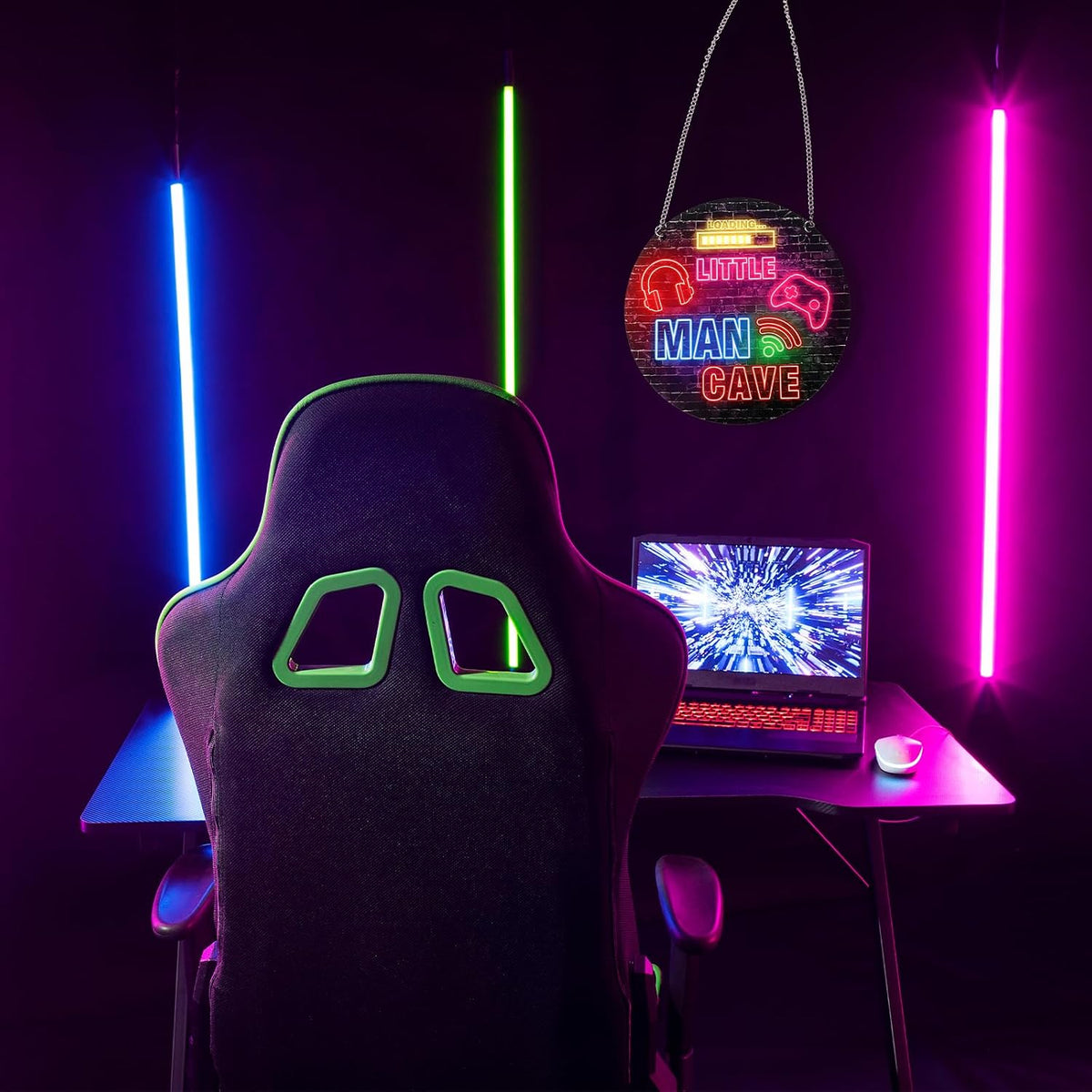 Neon Little Man Cave Sign Gaming Wooden Door Sign Video Game Hanging Wall Art Decor Christmas Birthday Gift for Son Kid for Bedroom Playroom Living Boy Room Decorations